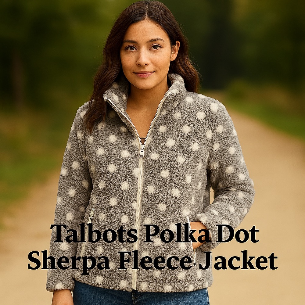 NWT Talbots Polka Dot Sherpa Fleece Jacket Gray White